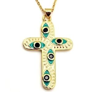 Goldtone Evil‎ Eye Cross Pendant on 18" Necklace Blue Rhinestones